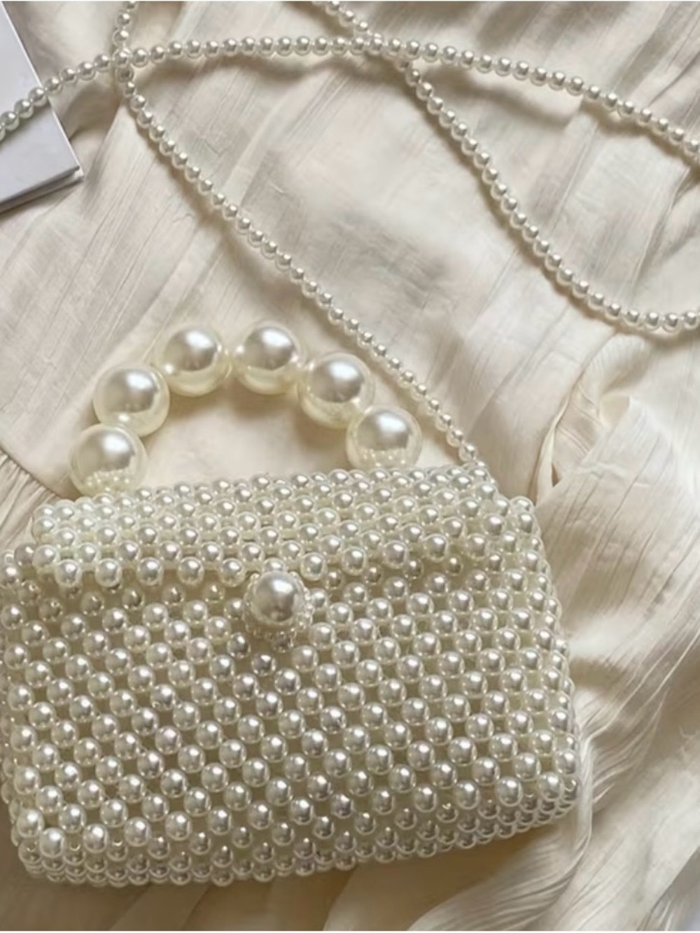 Pearl Beaded Cream Shoulder Bag with Top Handle